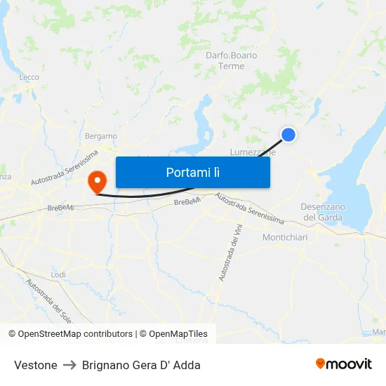 Vestone to Brignano Gera D' Adda map