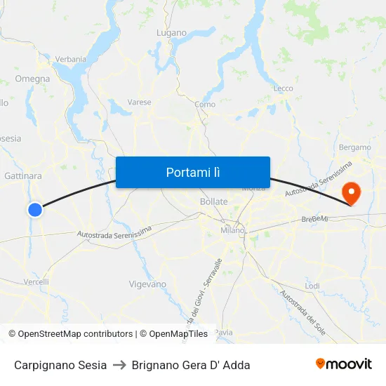 Carpignano Sesia to Brignano Gera D' Adda map