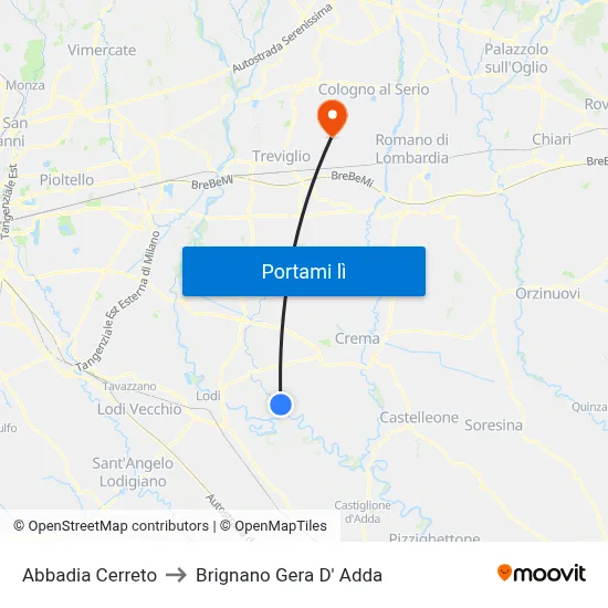 Abbadia Cerreto to Brignano Gera D' Adda map