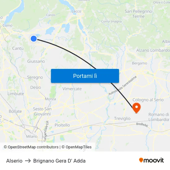 Alserio to Brignano Gera D' Adda map