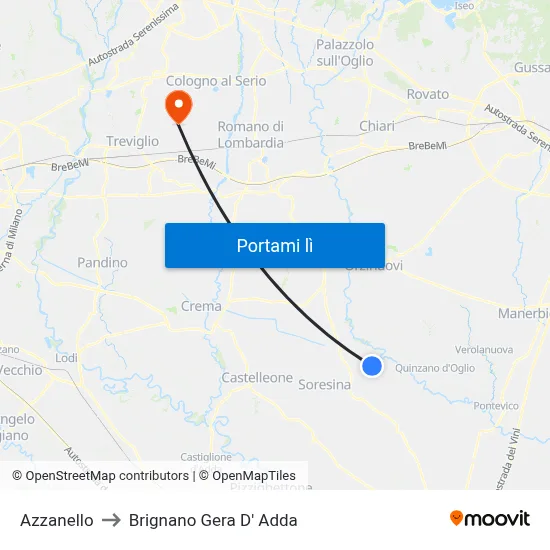 Azzanello to Brignano Gera D' Adda map