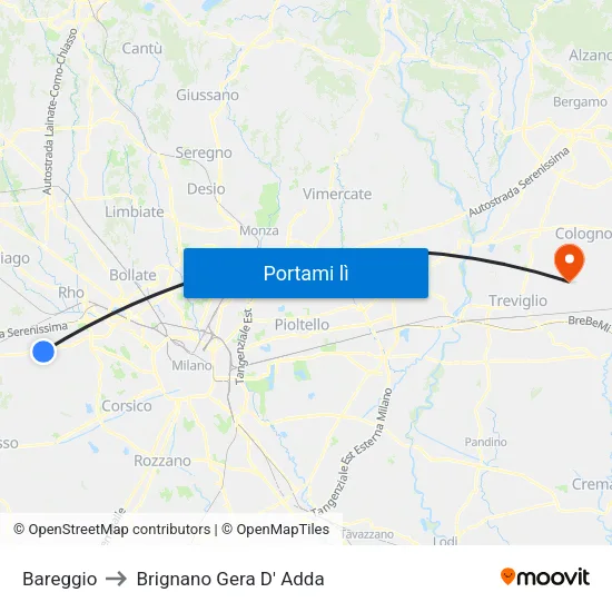 Bareggio to Brignano Gera D' Adda map