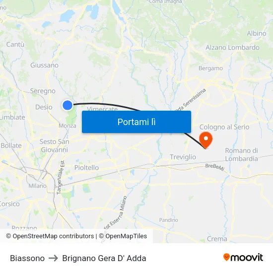 Biassono to Brignano Gera D' Adda map