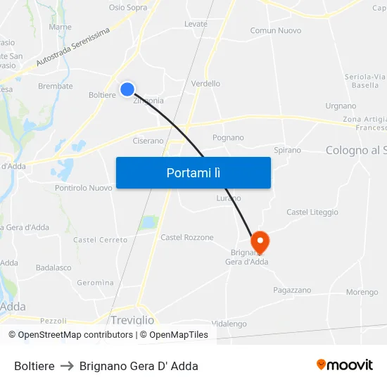Boltiere to Brignano Gera D' Adda map