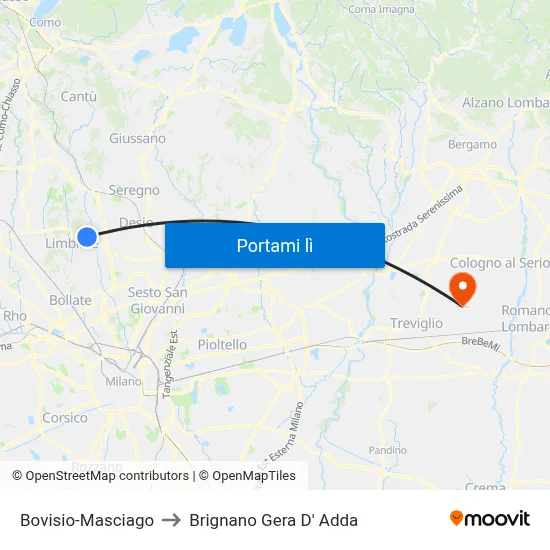 Bovisio-Masciago to Brignano Gera D' Adda map