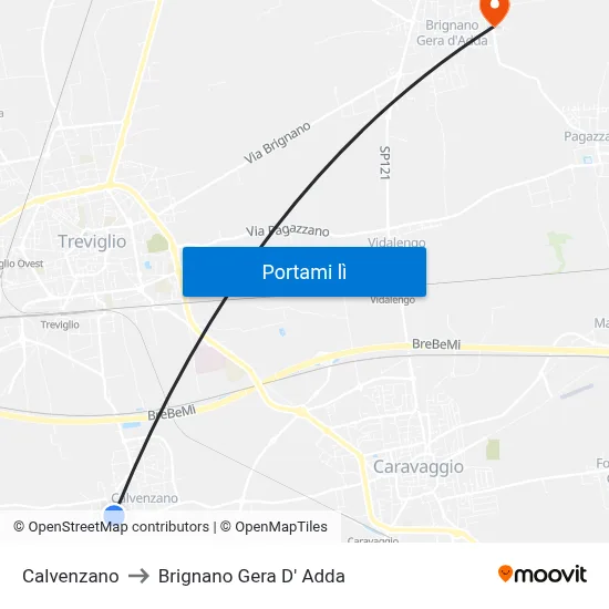 Calvenzano to Brignano Gera D' Adda map