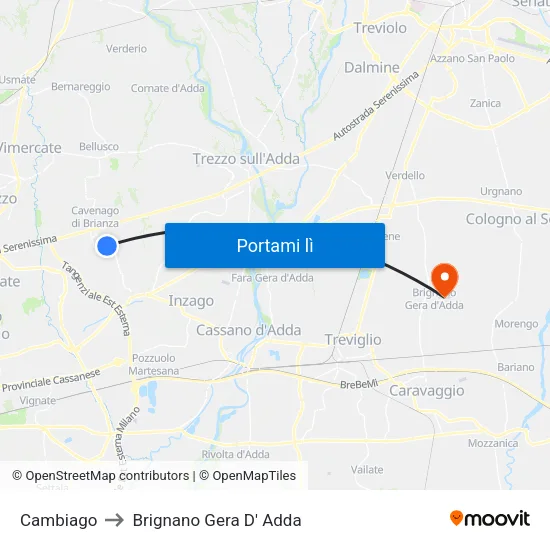Cambiago to Brignano Gera D' Adda map