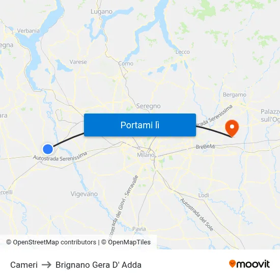 Cameri to Brignano Gera D' Adda map