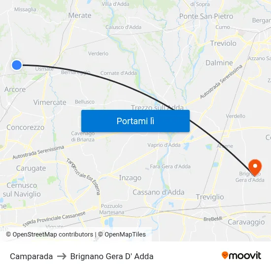 Camparada to Brignano Gera D' Adda map