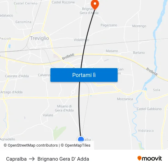 Capralba to Brignano Gera D' Adda map