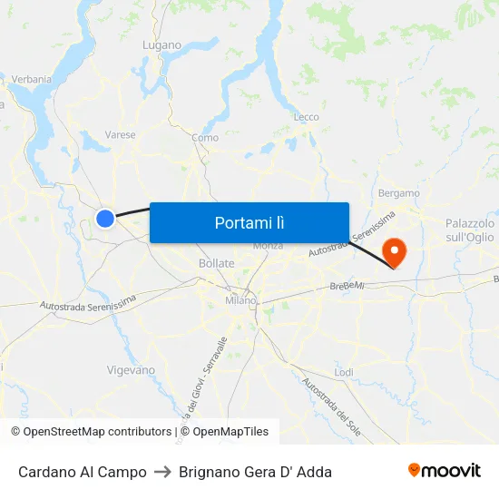 Cardano Al Campo to Brignano Gera D' Adda map