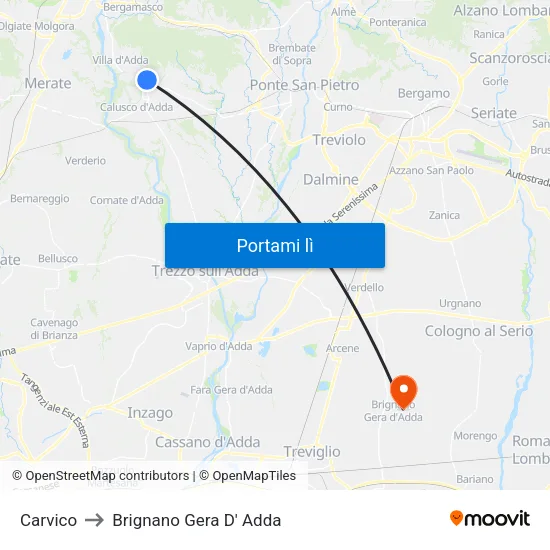 Carvico to Brignano Gera D' Adda map