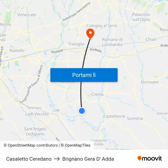 Casaletto Ceredano to Brignano Gera D' Adda map