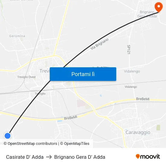 Casirate D' Adda to Brignano Gera D' Adda map