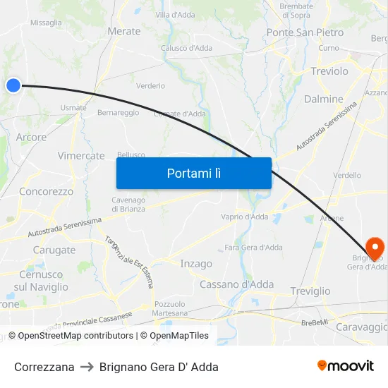 Correzzana to Brignano Gera D' Adda map