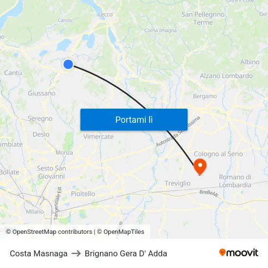 Costa Masnaga to Brignano Gera D' Adda map