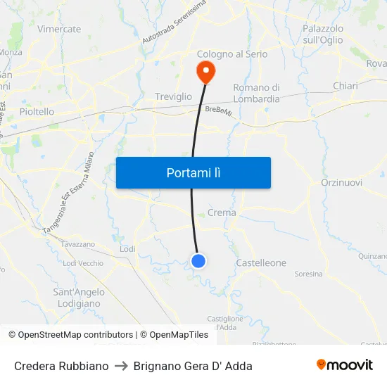Credera Rubbiano to Brignano Gera D' Adda map