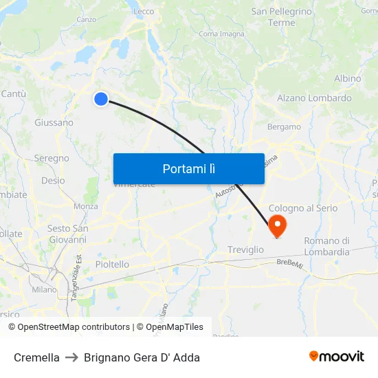 Cremella to Brignano Gera D' Adda map