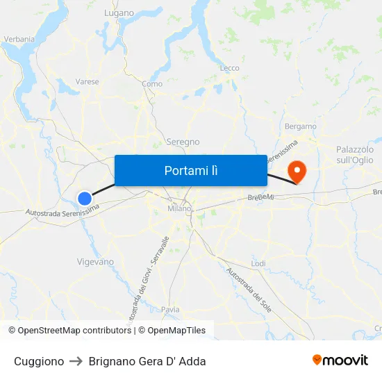 Cuggiono to Brignano Gera D' Adda map