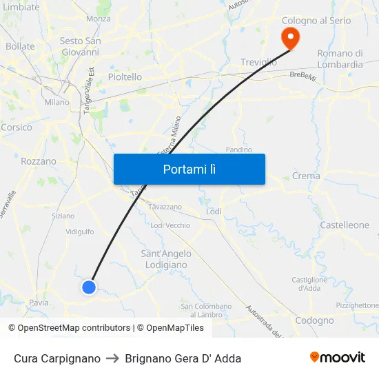Cura Carpignano to Brignano Gera D' Adda map