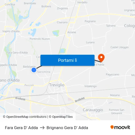 Fara Gera D' Adda to Brignano Gera D' Adda map