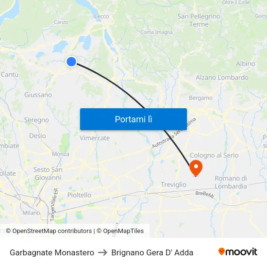 Garbagnate Monastero to Brignano Gera D' Adda map