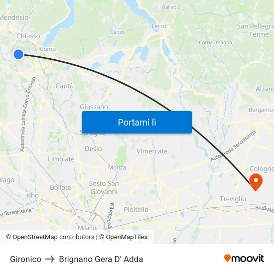 Gironico to Brignano Gera D' Adda map