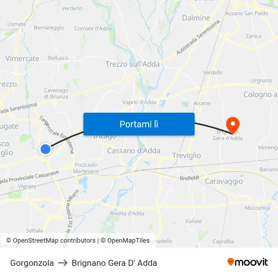 Gorgonzola to Brignano Gera D' Adda map