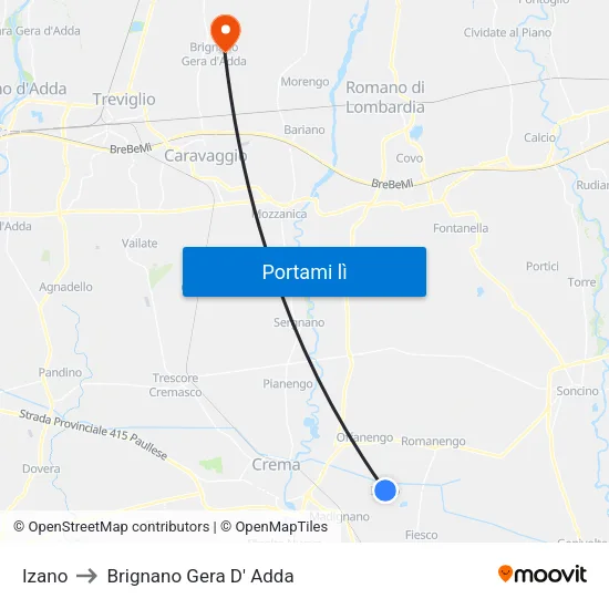 Izano to Brignano Gera D' Adda map