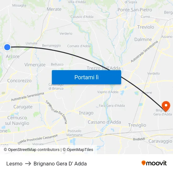 Lesmo to Brignano Gera D' Adda map