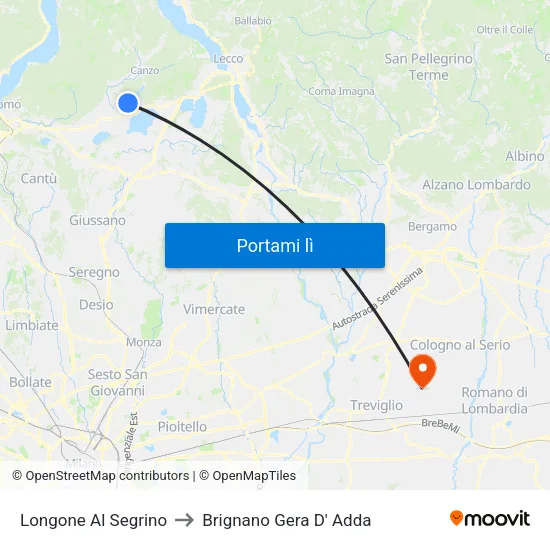 Longone Al Segrino to Brignano Gera D' Adda map