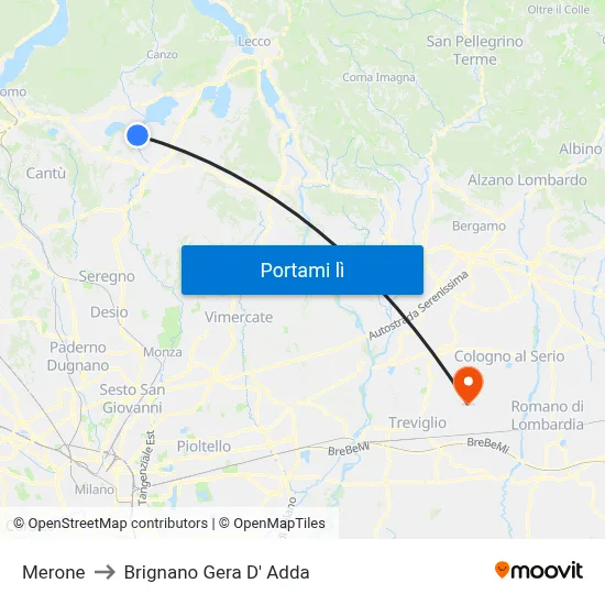 Merone to Brignano Gera D' Adda map