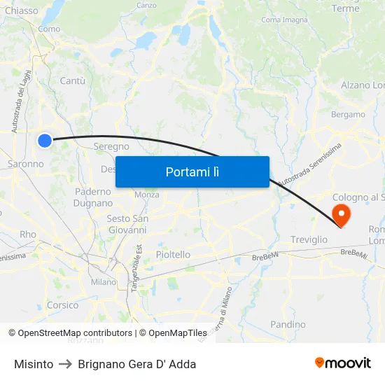 Misinto to Brignano Gera D' Adda map