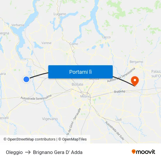 Oleggio to Brignano Gera D' Adda map