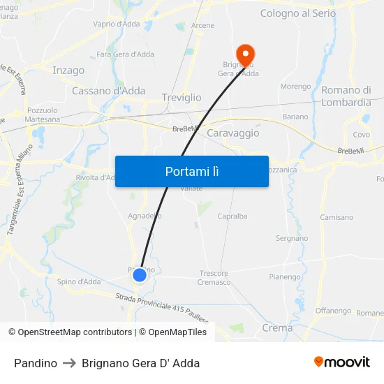 Pandino to Brignano Gera D' Adda map