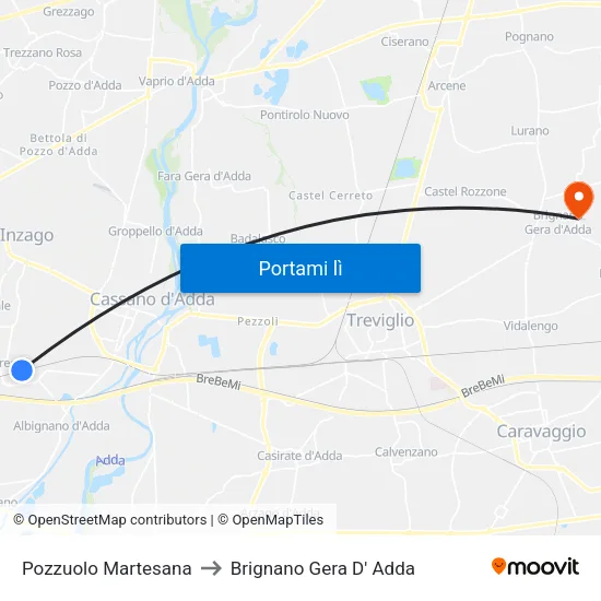 Pozzuolo Martesana to Brignano Gera D' Adda map