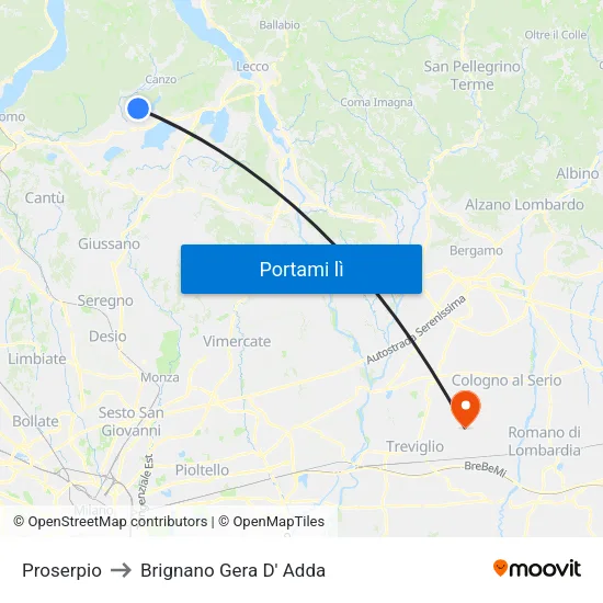 Proserpio to Brignano Gera D' Adda map