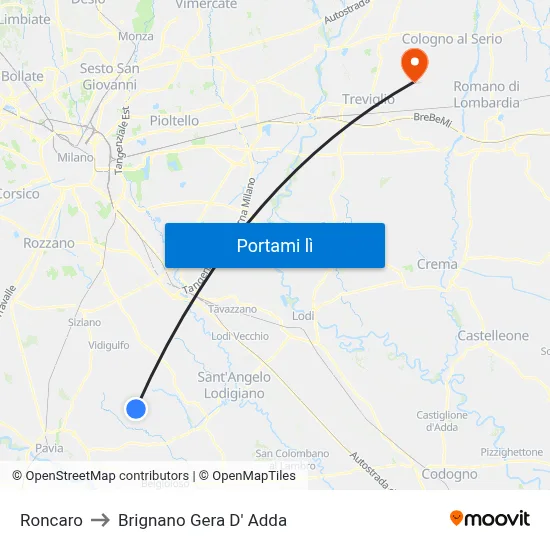 Roncaro to Brignano Gera D' Adda map