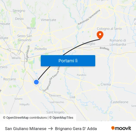 San Giuliano Milanese to Brignano Gera D' Adda map