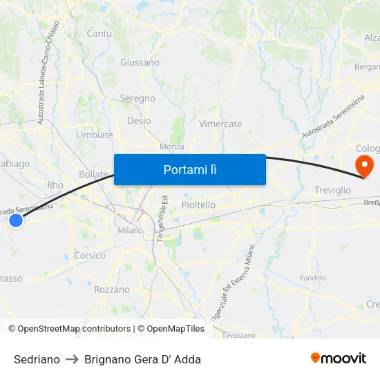Sedriano to Brignano Gera D' Adda map