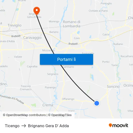 Ticengo to Brignano Gera D' Adda map