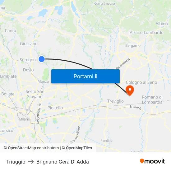Triuggio to Brignano Gera D' Adda map