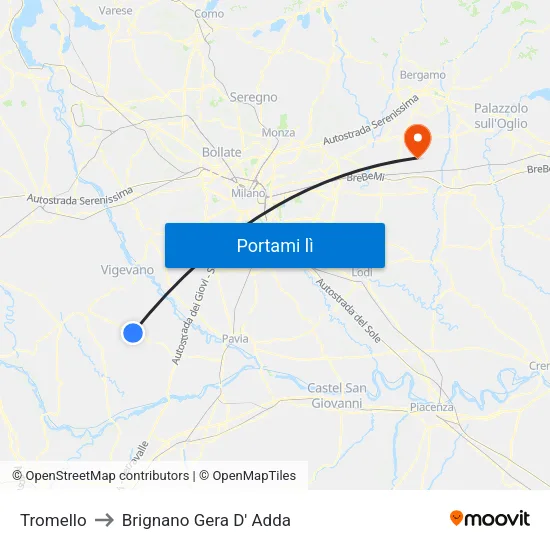 Tromello to Brignano Gera D' Adda map