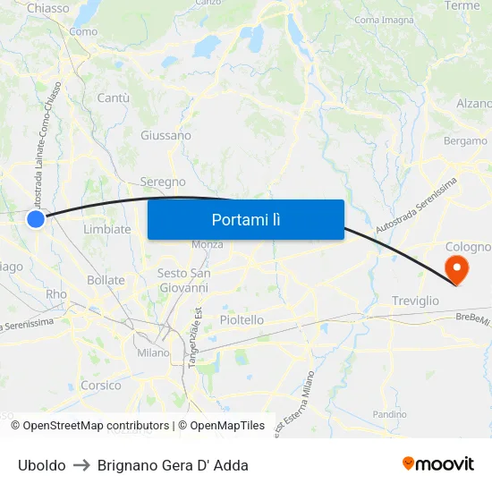 Uboldo to Brignano Gera D' Adda map