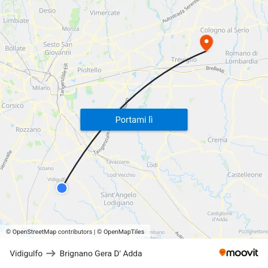 Vidigulfo to Brignano Gera D' Adda map