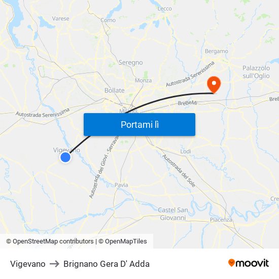 Vigevano to Brignano Gera D' Adda map