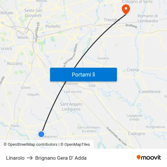 Linarolo to Brignano Gera D' Adda map