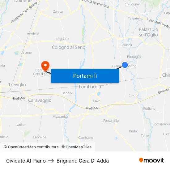 Cividate Al Piano to Brignano Gera D' Adda map