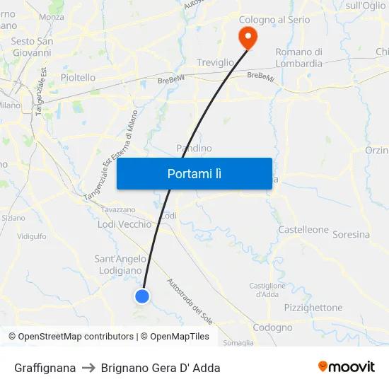Graffignana to Brignano Gera D' Adda map