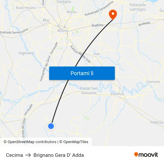 Cecima to Brignano Gera D' Adda map
